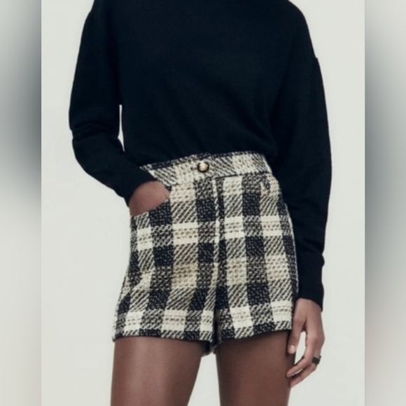 Zara Textured Weave Plaid Shorts SIZE L 2214/120/070 - Picture 2 of 7